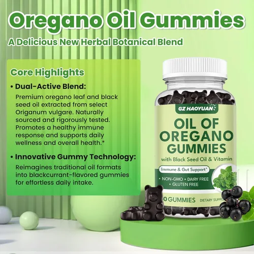 Vista 6 de Gomitas de aceite de orégano con aceite de semilla negra + vitamina D3, aceite de orégano orgánico de alto carvacrol, apoyo inmunológico