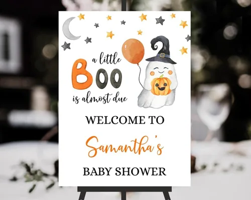Vista 13 de Personalized Halloween Baby Shower Welcome Sign, A Little Boo Baby Shower Welcome Sign, Pumpkin Decorations,girl, Halloween Decor 12" X 18" (Small)