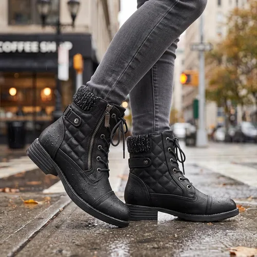 Vista 8 de STQ Botas de combate para mujer con cordones, botines de tobillo Negro