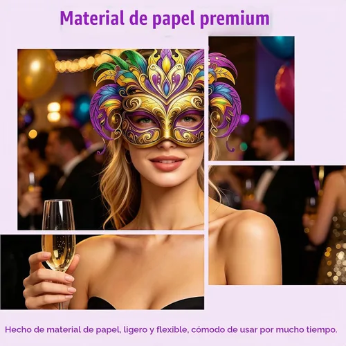 Vista 5 de Máscaras de Mardi Gras, paquete de 6 máscaras de papel para carnaval con cuerda de hebilla ajustable, diseño de plumas, para bailes de máscaras