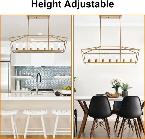 Vista 5 de Lámpara moderna de 5 luces para isla de cocina en acabado dorado, lámpara colgante industrial con marco de metal para comedor, vestíbulo, cafetería
