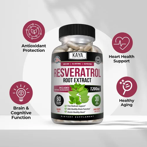 Vista 4 de Kaya Naturals - Cápsulas de resveratrol - Suplemento antienvejecimiento - Antioxidantes con apoyo cerebral - Beneficios máximos - 60 cápsulas