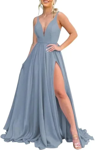 Vista 10 de Vestidos largos de dama de honor para mujer, con abertura, cuello en V, vestido de fiesta formal para boda