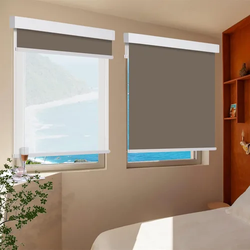Vista 2 de Persianas enrollables dobles para ventana, persianas dobles marrones, opacas y filtrantes de luz con cenefa, persianas de ventana de día y noche
