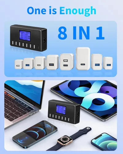 Vista 9 de Estación de carga USB de 60 W, 12 A, 8 puertos, cargador concentrador USB multipuerto, pantalla LCD de tamaño compacto, compatible con iPhone, iPad