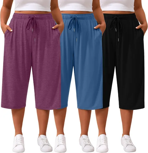 Vista 6 de Paquete de 3 pantalones capri de talla grande para mujer, ajuste holgado, pierna ancha, pantalones recortados para yoga, descanso, entrenamiento