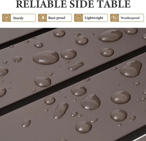 Vista 4 de Mesa auxiliar de aluminio al aire libre, mesa auxiliar pequeña para café, bistró, marrón Mesa auxiliar rectangular resistente a la intemperie