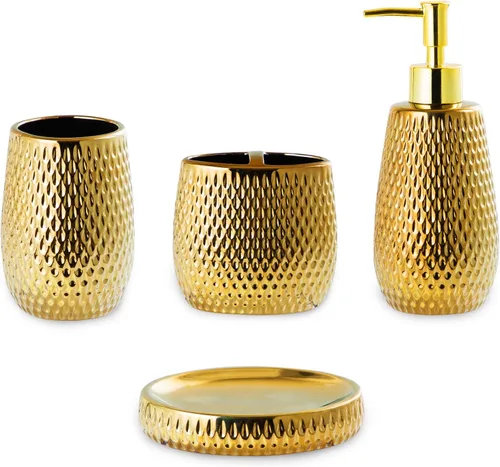 Vista 8 de Juego de accesorios de baño dorados, 4 piezas de cerámica para decoración de baño, incluye dispensador de loción, soporte para cepillos de dientes