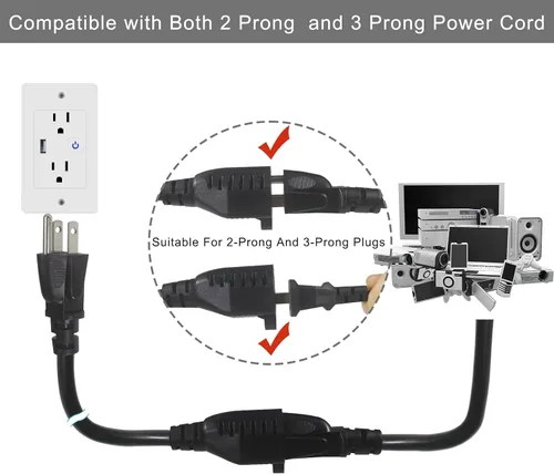 Vista 2 de Cable de extensión de alimentación corto – 8 pulgadas, 3 clavijas, protector de toma de tierra 16AWG/13A, cable de alimentación resistente