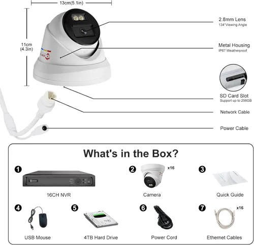 Vista 9 de Anpviz Sistema de cámara de seguridad PoE de 16CH 4K comercial, 16 piezas H.265+ con cable de 8MP cámaras IP al aire libre con micrófono, visión