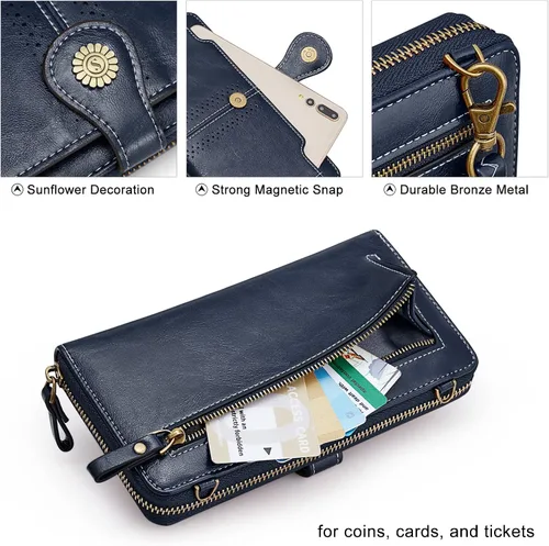 Vista 5 de S-ZONE Billeteras de pulsera para mujer, bolso cruzado para teléfono celular, bloqueo RFID, de cuero vegano, monederos con 2 correas