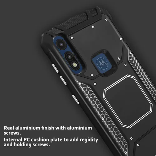 Vista 5 de TJS Funda de teléfono compatible con Motorola Moto E 2020, con protector de pantalla de vidrio templado, de aluminio a prueba de golpes, soporte
