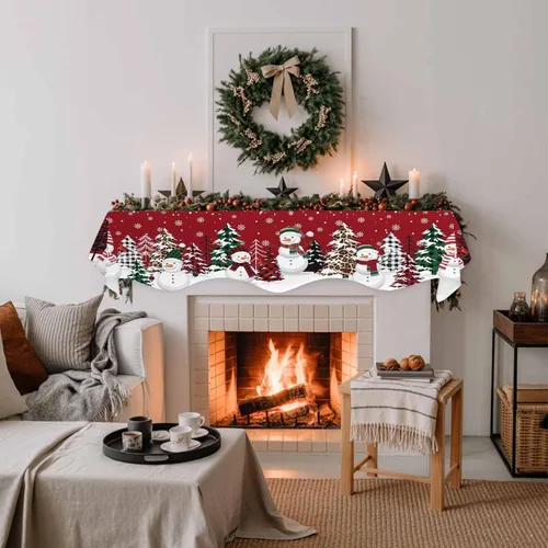 Vista 3 de Bufanda de chimenea de muñeco de nieve de Navidad, diseño de árboles de Navidad rojos, copos de nieve de invierno, bufandas para chimenea, estante