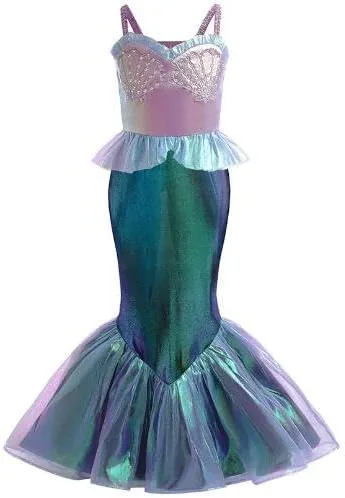 Vista 5 de Tempura Disfraz de sirena para niñas pequeñas, conjunto de falda de lujo para fiesta de cumpleaños