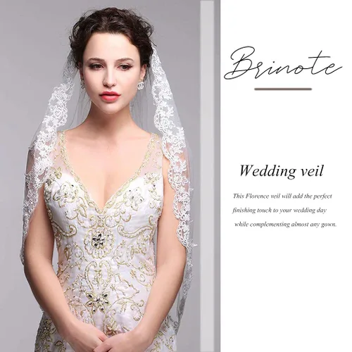 Vista 2 de Brinote Velo de novia de encaje apliques con peine 1 nivel largo hasta la cadera velos de novia de cristal velos de tul suave para novias, Marfil