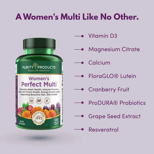Vista 4 de Purity Products Multivitamínico perfecto para mujer, apoya la salud del tracto urinario, sistema inmunológico, hueso + músculo, cabello, piel, uñas