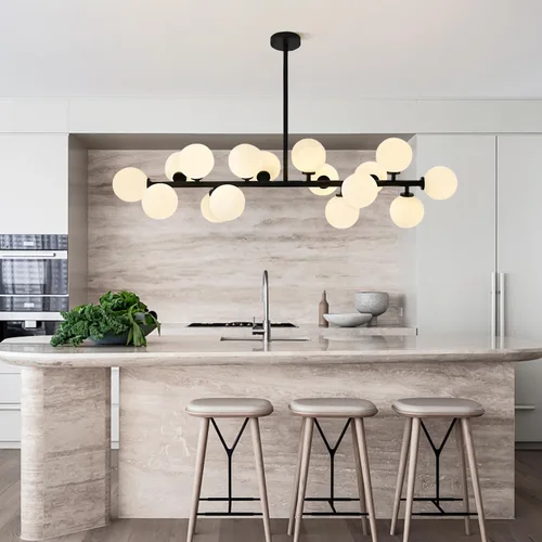 Vista 6 de KCO Lighting Farmhouse - Lámpara de araña de comedor con globo lineal, lámpara de cristal de leche negra, 16 luces Sputnik, lámpara colgante moderna