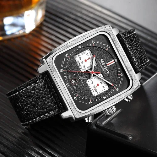 Vista 5 de MEGIR Relojes de cuarzo de 24 horas con esfera cuadrada para hombre, correa de cuero de moda, estilo casual