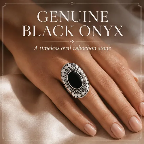 Vista 2 de Black Onyx Oval Stone Vintage Ring 925 Sterling Silver US Size 6 7 8 9 10