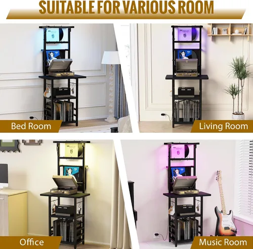 Vista 7 de YAKANJ Soporte para tocadiscos con luz LED, mesa para tocadiscos con almacenamiento de vinilos, soporte para tocadiscos con estante de exhibición