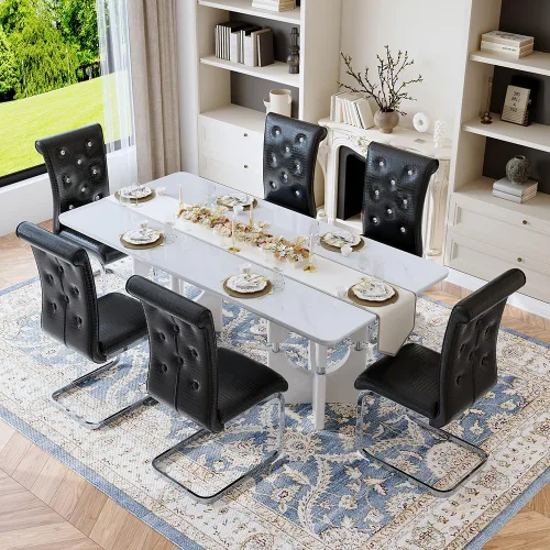 Vista 15 de Mesa de comedor moderna para mesa de comedor de mármol sintético blanco de 6, 8, 71 pulgadas, con patas negras y doradas, mesa de cocina rectangular