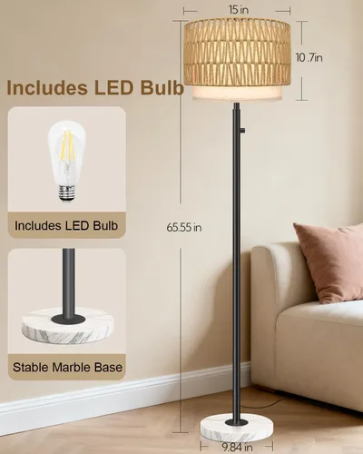 Vista 2 de Lámparas de pie para sala de estar, bombilla LED incluida, lámpara de pie regulable con pantalla de lino, lámpara de pie moderna con base de mármol