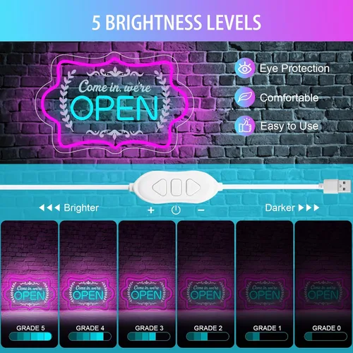 Vista 4 de XIYUNTE Letreros de Neón Abiertos Regulables con LED Brillante, Letrero Alimentado por USB o Batería para Ventana de Negocio Cafetería Tienda