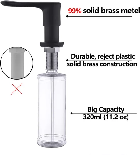 Vista 5 de Dispensador de jabón para fregadero de cocina, dispensador de fregadero integrado negro con cabezal de bomba de latón macizo, resistente a