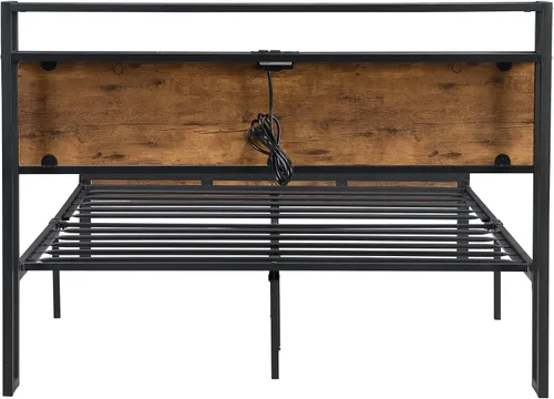 Vista 4 de Marco de cama de plataforma de metal resistente de 14 pulgadas con cabecero y estribo de madera, plataforma de metal, gran almacenamiento debajo