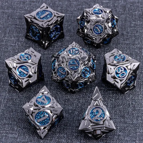 Vista 2 de KERWELLSI - Juego de dados metálicos DND D&D, 7 piezas con diseño de enredaderas naturales, dados de juego de rol con caja de regalo, dados negros