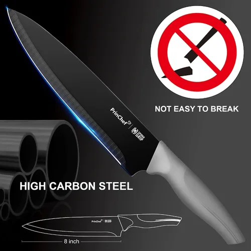 Vista 2 de PrinChef Cuchillo de chef, cuchillo de cocina ultra afilado de 8 pulgadas con funda, cuchillo de chef de acero de alto carbono con revestimiento