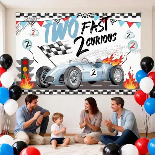 Vista 2 de Dos decoraciones de cumpleaños rápidas, fondo de fotos de auto de carreras para niños, decoración de segundo cumpleaños para niños, auto rojo, fondo