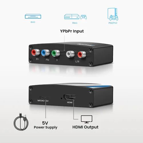 Vista 6 de NEWCARE Convertidor de Componente a HDMI, Adaptador de Aleación de Aluminio YPbPr + R/L a HDMI, Convertidor de Video Audio 1080P Componente 5RCA RGB