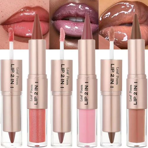 Vista 64 de BAISEN DIARY 2 en 1 doble punta mate delineador de labios y brillo de labios, lápiz combinado de labios marrón nude degradado, delineador de labios