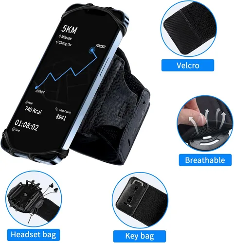 Vista 7 de Brazalete con soporte para teléfono para correr, desmontable y giratorio de 360°, con bolsillo para llaves para iPhone 16/15/14/13 Pro/12