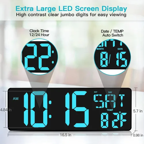 Vista 2 de XREXS Reloj de pared digital grande de 17.2 pulgadas, sincronización Bluetooth, relojes atómicos precisos con control remoto, reloj de abuelo