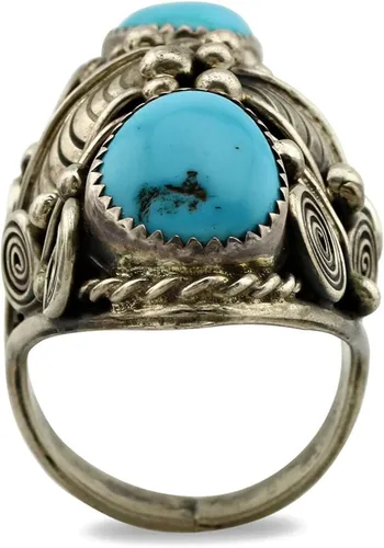 Vista 3 de Anillo Navajo de plata .925 Sleeping Beauty Turquoise firmado JM C.1980's, Plata de ley, turquesa