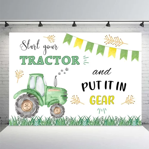 Vista 3 de MEHOFOND Decoraciones de fondo de tractor verde de 7 x 5 pies para niños, granja, suministros de fiesta de cumpleaños, pancarta para ponerlo