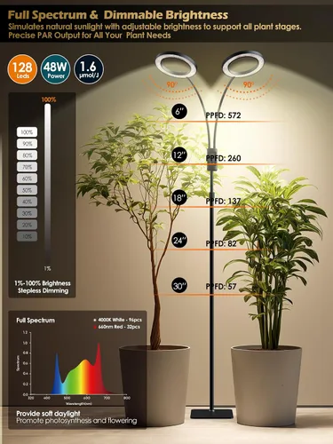 Vista 5 de Luces de Crecimiento Inteligentes para Plantas de Interior, 48W Luz de Planta de 2 Cabezales con Temporizador Automático, Luz LED de Crecimiento