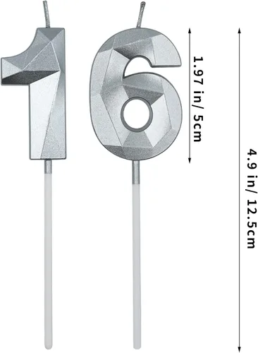 Vista 2 de Velas de cumpleaños número 16 y 61 para tartas, velas plateadas con forma de diamante 3D, decoración de cumpleaños, suministros de fiesta para Plata