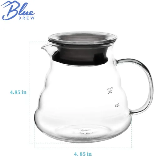 Vista 6 de Blue Brew Gama de vidrio transparente Servidor de café para verter sobre café y té, 20.3 fl oz (20 onzas) resistente al calor, jarra, cafetera
