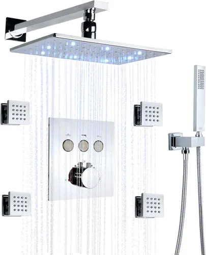Vista 15 de Cabezal de ducha de lluvia de techo LED redondo de oro cepillado de 10 pulgadas, DULABRAHE termostático para baño, sistema de ducha de lluvia de Oro