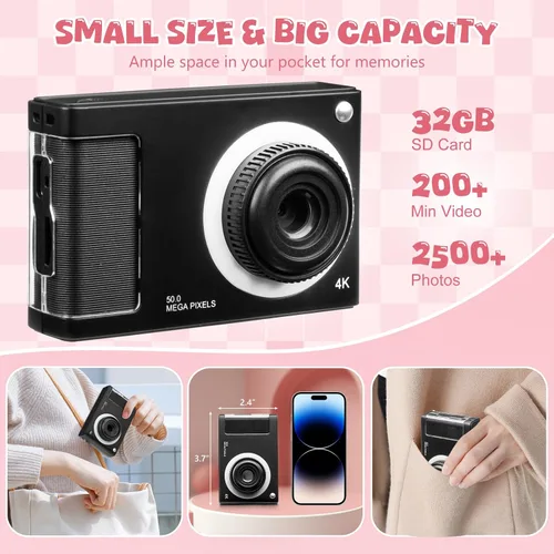 Vista 6 de Cámara digital, cámara FHD 1080P para niños con tarjeta de 32 GB, cámara digital de 48 MP con zoom 8X para apuntar y disparar, antivibraciones