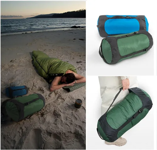 Vista 7 de Saco de compresión de nailon para saco de dormir, organizador de bolsas ligeras para camping, mochilero, senderismo Azul