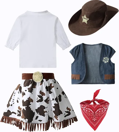 Vista 3 de FENGMAX - Disfraz de vaquera de Halloween para niñas sombrero camisa bufanda chaleco falda