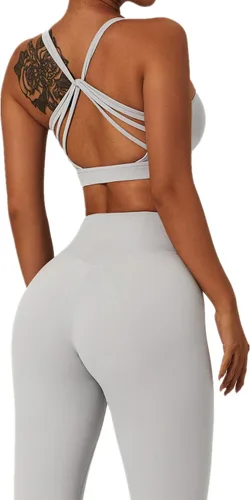 Vista 2 de ABOCIW Conjuntos de entrenamiento para mujer, 2 piezas, cintura cruzada, leggings de cintura alta, tirantes deportivos, para ejercicio, gimnasio