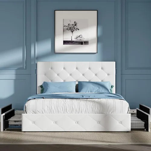 Vista 3 de HOOMIC Base de cama de almacenamiento de plataforma de tamaño matrimonial con 4 cajones y cabecera ajustable, listones de madera, no necesita Blanco