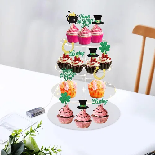 Vista 6 de 24 piezas de adornos para cupcakes del día de San Patricio, trébol con purpurina de tres hojas, trébol de la suerte, para cupcakes, sombrero