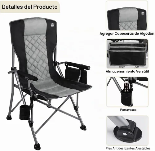 Vista 4 de Silla de camping plegable acolchada con reposabrazos duro, soporte para tazas, resistente para adultos, respaldo acolchado, silla de campamento
