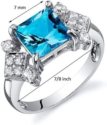 Vista 3 de PEORA Anillo de plata de ley con topacio azul suizo de corte princesa, 2.00 quilates, tallas 5 a 9